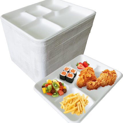5 Compartment Disposable Plates White - Large 10" x 8"