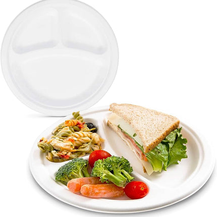 3 Compartments Round Bagasse Disposable Plates 10" (25cm) White