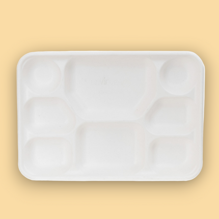 8 Compartment Bagasse Disposable Plates - Extra Large 12" x 10"