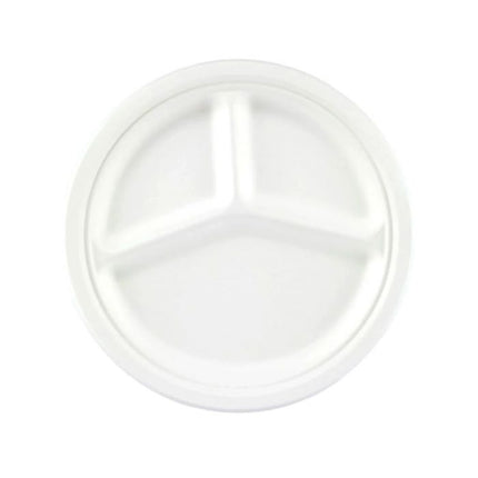 3 Compartments Round Bagasse Disposable Plates 10" (25cm) White