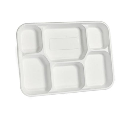 6 Compartment Bagasse White Disposable Plates - Large 11" x 8"